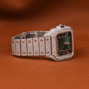 Montre mécanique classique en acier inoxydable avec mouvement mécanique, entièrement sertie de diamants en moissanite vert, chiffres romains, édition limitée - Product Image 1