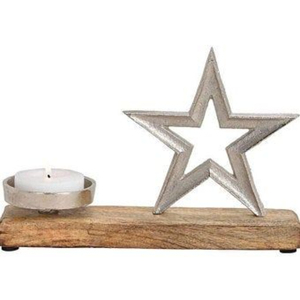 Portavelas de Té Doble Estrella de Aluminio Plateado de Alta Calidad con Base de Madera de Mango, Moderno para Decoración Navideña y Regalo - Product Image 4