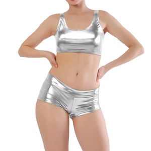 Shorts Casuales de Mujer con Cintura Elástica, Cordón Metálico, Tallas Grandes, con Lentejuelas, Recubrimiento de PU y Tela con Memoria - Product Image 1