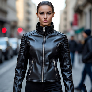 Chaqueta con cremallera de diamantes de imitación personalizada para mujer, ropa de calle de cuero genuino | Chaquetas de piel de oveja para mujer - Product Image 4