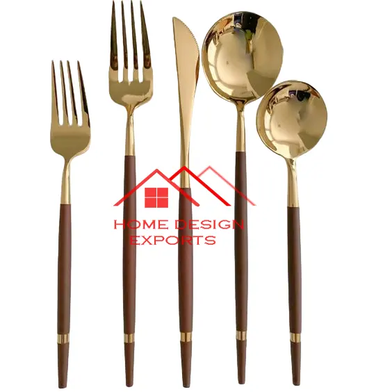 مجموعة ادوات المائدة المعدنية الذهبية النهائية مع مجموعة مقابض خشبية نقية 5 قطع ادوات المائدة المسطحة بمعدل البيع بالجملة