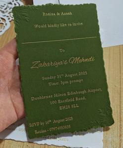 Invitations de <span class=keywords><strong>mariage</strong></span> typographiques en papier à bords décalés DIY Vert olive et feuille d'or Cartes florales en relief personnalisées - Product Image 2