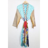 Vintage Seda Saree Kimono Mujeres Robe Kimono Vestido Albornoz Maxi Vestido