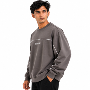 Charcoal <b>Grey</b> Crew Neck <b>Sweatshirt</b> Curved White Piping Chest Panel Oversized Men's Winter Pullover High Street Bulk Production - Product Image 3