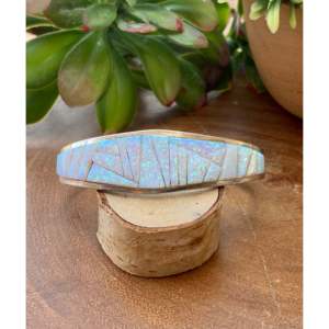 Navajo Handmade Cobblestone Cuff <b>Bracelet</b> with White <b>Opal</b> & Sterling Silver Fashionable Accessory - Product Image 1