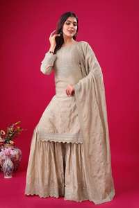 Nouveau concepteur lourd pur Chinon soie indien et pakistanais vêtements Long Style traditionnel haut Sharara Dupptta costume - Product Image 5