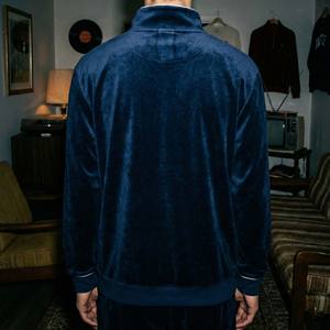 Sudadera de Invierno para Hombre, Estilo Retro, con Cierre de Cremallera de un Cuarto, de Felpa Azul Medianoche de Lujo, 100% Algodón, Gruesa, con Ribete Blanco, Ropa Urbana - Product Image 2