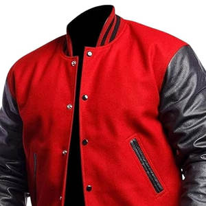 Veste universitaire unisexe personnalisée rouge en toile avec manches noires vintage, taille plus, col montant, poignets élégants, veste d'hiver respirante - Product Image 4