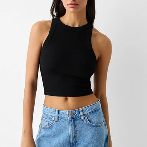 Haut court noir à col halter pour femme, sans manches, tricoté, couleur unie, coupe ajustée, respirant, en coton et élasthanne, printemps-été, décontracté - Product Image 1