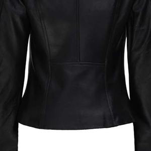 Genuine Sheep Skin Leather <b>Quilted</b> Varsity <b>Jacket</b> for Women in Black Solid <b>Pattern</b> Long Sleeves Zipper Pocket Plain Dyed Autumn - Product Image 5