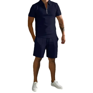 Ensemble décontracté d'été pour homme, polo bleu marine avec short à cordon de serrage, couleur unie, polyester - Product Image 3