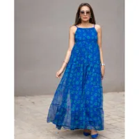 Robe de soirée/club/graduation élégante et ample à volants, longueur ras du sol, grande taille XL, motif floral numérique bleu Julia