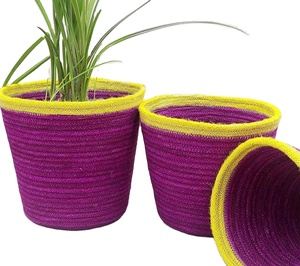 Juego de Macetas Tejidas a Mano Hechas en BD, Cesta Redonda Rústica con Rayas Amarillas y Marrones, Estilo Bohemio, Maceta para Interiores - Product Image 6