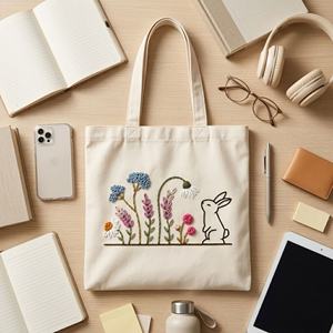 Bolso Tote de Lona de Algodón Hecho a Mano Priglob Exim Fashion con Bordado de Letras, Conejos y Flores, Correa para el Hombro, Gran Capacidad - Product Image 4