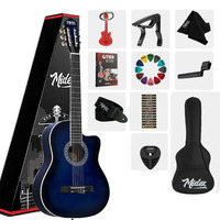 4/4 Blue Classical Guitar Kit Mahogany Neck Glossy Finish Adjustable Truss Rod Tuner Bag Method Book | Midex MGX-100BL-PAK