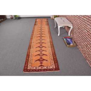 2.5x13 ft Vintage Rug, Turkish Runner Rug, <b>Brown</b> Orange Bordered <b>Wool</b> Rug - Product Image 1