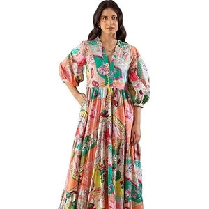 Vestido largo de algodón con estampado floral indio hecho a mano, ropa de fiesta para mujer elegante, regalo de boda o luna de miel para niñas - Product Image 1
