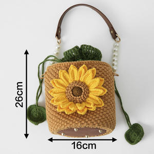 Sac seau au crochet Tournesol pour femme, sac fourre-tout en laine tricotée à double motif Tournesol, chaîne de perles tressée, motif dessin animé, fait main en laine tissée - Product Image 5