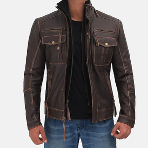 Blouson aviateur en cuir classique à six poches style collège délavé avec tissu en toile Vrai cuir d'agneau Casual Moto Homme - Product Image 1
