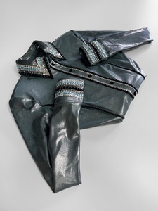 Lavish Western Show Shirt Gunmetal Metallic Silver Baby Blue Black White Stone Detailing Collar & Cuffs <b>Stretch</b> Taffeta <b>Fabric</b> - Product Image 4