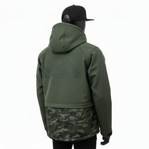 Chaqueta Softshell Premium GSM para Hombre, Color Verde Oliva con Panel de Camuflaje, Personalización de Logotipo de Alta Densidad, Chaqueta Softshell para Hombre - Product Image 4