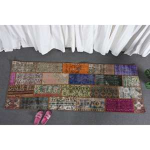 Tapis moderne en laine beige de 2.6x7.1 pieds Tapis de salon turc en patchwork tissé à plat pour adolescents pour décorations de salon en latex - Product Image 1