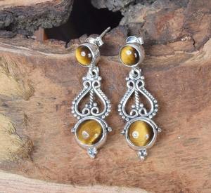 Boucles d'oreilles en pierres précieuses d'oeil de tigre bijoux pour femmes bijoux de Style Boho en argent 925 boucles d'oreilles faites à la main en argent Sterling - Product Image 3