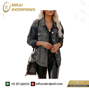 Veste en jean en détresse pour femmes broderie respirant Varsity Design effiloché déchiré Jean Look bouton décontracté léger coton Viscose - Product Image 6