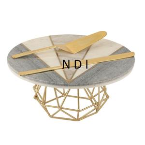 Hot Selling Decorative Golden Finishing Base Metal <b>Cake</b> Stands With Marble Round Top Metal <b>Cake</b> <b>Server</b> Stand Table Top Decor - Product Image 1