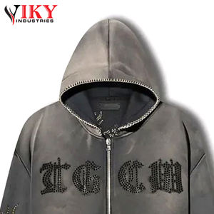 Fabriqué au Pakistan strass pleine fermeture éclair pull sweats lettres lourdes broderie à capuche PAR VIKY INDUSTRIES - Product Image 3