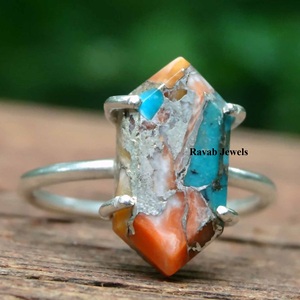 Anillo de eternidad de plata esterlina personalizable ostra espinosa cobre turquesa piedra preciosa rodiada para bodas y fiestas - Product Image 1