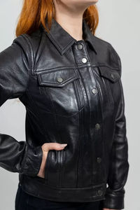 2025 chaqueta de cuero de vaca para mujer, chaqueta de cuero negro, ajustada, estilo motorista, prendas de vestir exteriores informales, cremallera frontal, bolsillos abotonados en el pecho, Invierno - Product Image 2
