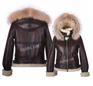 Hooded Shearling Women Sheepskin Aviator <b>Leather</b> Bomber <b>Jacket</b> Fur Sherpa <b>Real</b> <b>Leather</b> Winter <b>Jacket</b> Removable Hood B3 <b>Jacket</b> - Product Image 5