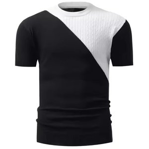 T-shirt à manches courtes en tricot pour homme, col rond, coupe ajustée, design uni, noir et blanc - Product Image 3