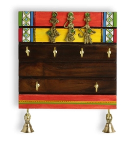 Tribal Borders Warli Hand-Painted Dhokra <b>Key</b> Holder In Sheesham Wood 6 Hooks Mounted Mail Holder for Home Wall Door <b>Key</b> Stand - Product Image 1