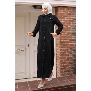 Abrigo vaquero negro modesto con detalles de botones para mujer Mega Merchant 6122, estilo trench para uso diario - Product Image 3