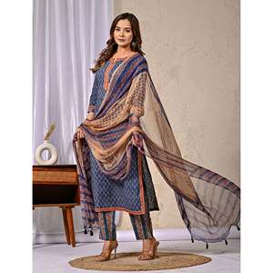 ชุดคุรตะผ้าฝ้ายพิมพ์ลายบลูบล็อค แขนสามส่วน สำหรับใส่ในชีวิตประจำวัน - Product Image 6