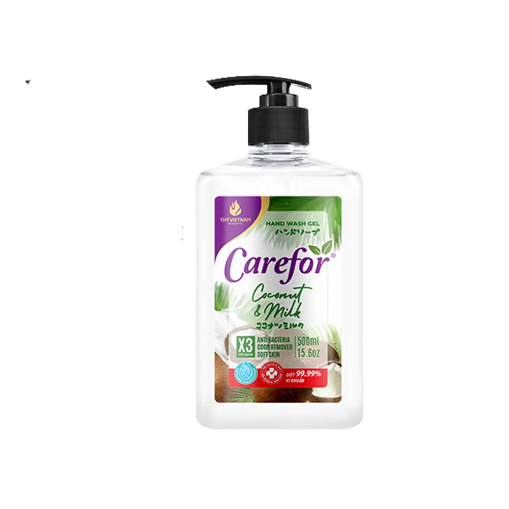 Carefor 녹색 액체 손 비누 500ml 코코넛과 우유 보습 지속 가능한 화학 수제 과일 손 씻기