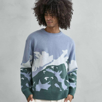 Pull en laine tricoté standard 400g pour homme Imperio, collection automne, coupe oversize, imprimé paysage en relief, logo frontal, col rond, manches longues