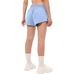 Pantalones cortos calientes de Cintura elástica de tiro alto para mujer de Color azul pastel sólido de algodón 100% con diseño OEM hecho a medida con bolsillo de Bangladesh - Product Image 2