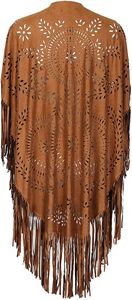 Châle Cape en Daim Camel à Franges, Poncho Creux à Pompons, Écharpe Bohème pour Femme, Idéal Fête, Festival, Voyage - Product Image 3