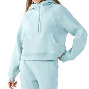 Polaire court à capuche demi-fermeture éclair lâche décontracté Sport manteau chaud sport à capuche vêtements de sport femmes sweats à capuche - Product Image 2