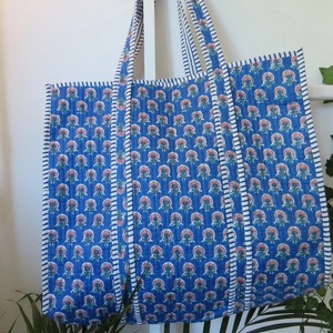 Sacs fourre-tout en coton matelassé vintage pour femme, style bohème, imprimé hiver, avec fermeture éclair - Poches intérieures légères, bleu - Product Image 2