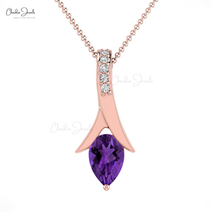 Collier pendentif classique en or massif 14 carats avec améthyste naturelle taille poire 6x4mm et accents de diamants, bijoux en gros pour femmes - Product Image 1