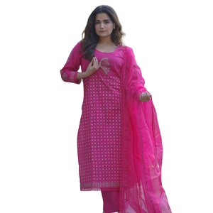 ชุดสูทผ้าฝ้ายพิมพ์ลายทอง Mira Fuchsia Radiance พร้อมผ้าคลุมไหล่ผ้าออร์แกนซ่า ราคาสุดคุ้ม - Product Image 1