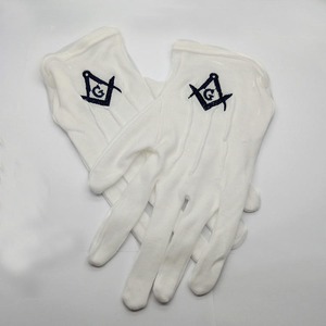 Guantes Masónicos de Cuero Blanco con Botón en la Mano y Compás Cuadrado Dorado Bordado en 3D - Product Image 1