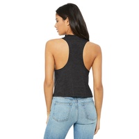 Tank top pendek wanita Bella Canvas warna abu-abu gelap heather, dengan kancing renda, pita, dan detail raw edge, berbahan breathable.