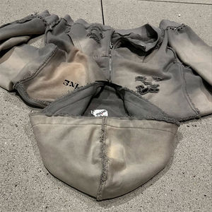 OEM Nouveau Élégant Acid Washed Vintage Distressed Rhinestones Cuff 2 Zip Up Hoodie Men Stone Washed Crop Hoodie - Product Image 6