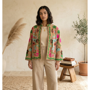 Blouson Bomber Réversible Bestia Suzani Brodé à la Main en Satin de Lin Durable, Cuir et Fourrure Style Bohème pour Printemps Automne - Product Image 4