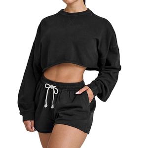 Sweat-shirt à manches longues pour femmes 100% coton col rond court pull de sport avec doublure - Product Image 5